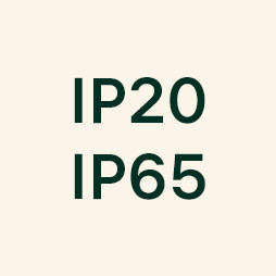 IP20 (protected against penetration of solids larger than 12 mm, not protected against penetration of liquids) -  IP65 (completely protected against penetration of dust, Protected against jets of water - On the visible part of the product once installed) - Ceiling